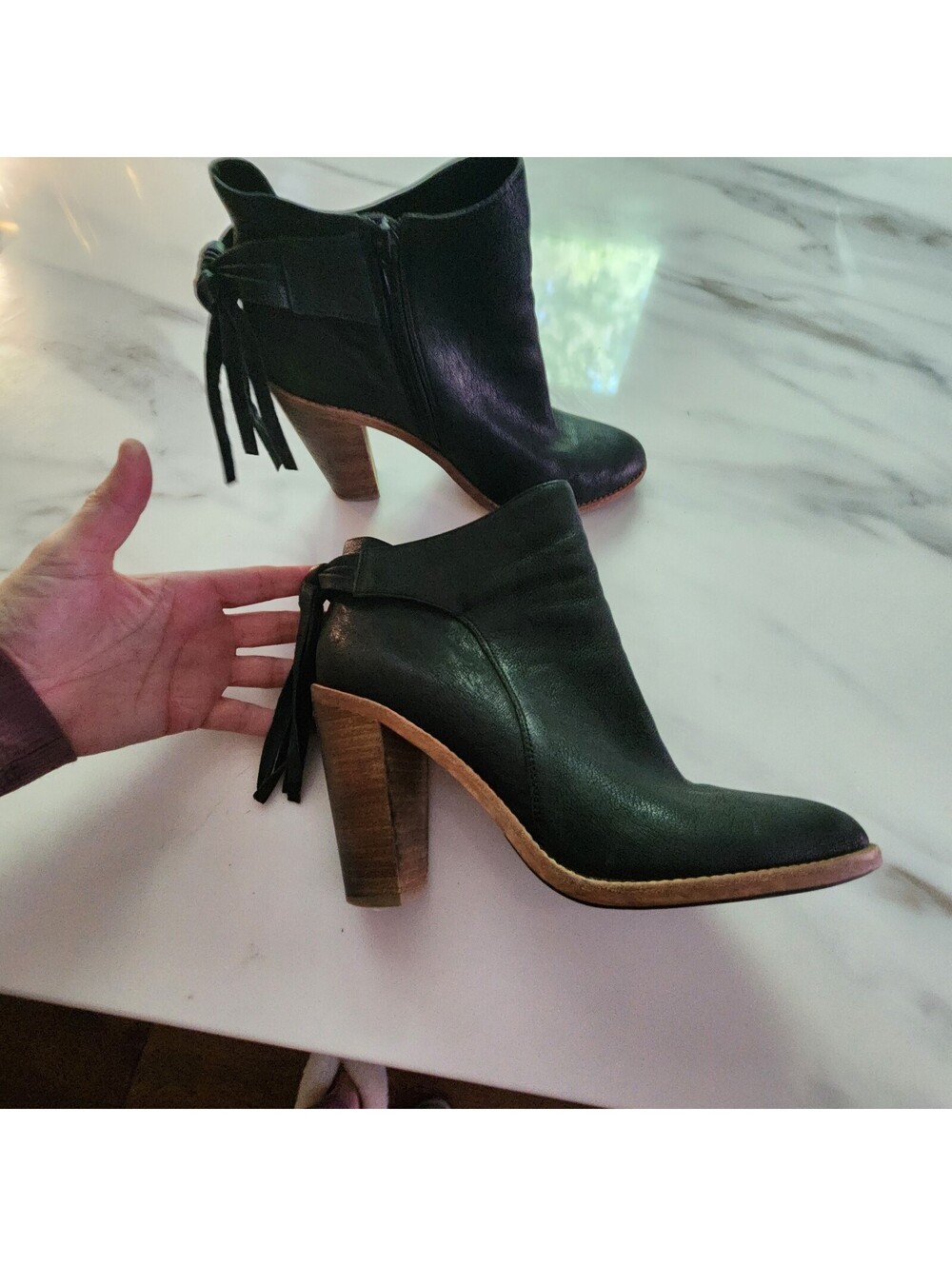 Vince Camuto Black Leather Tassel Ankle Boots Stacked Heel Women’s 10